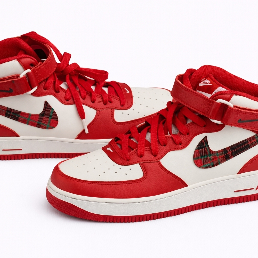 🆕️Nike Air Force 1 Mid Red White Plaid Swoosh Men’s Size 10.5